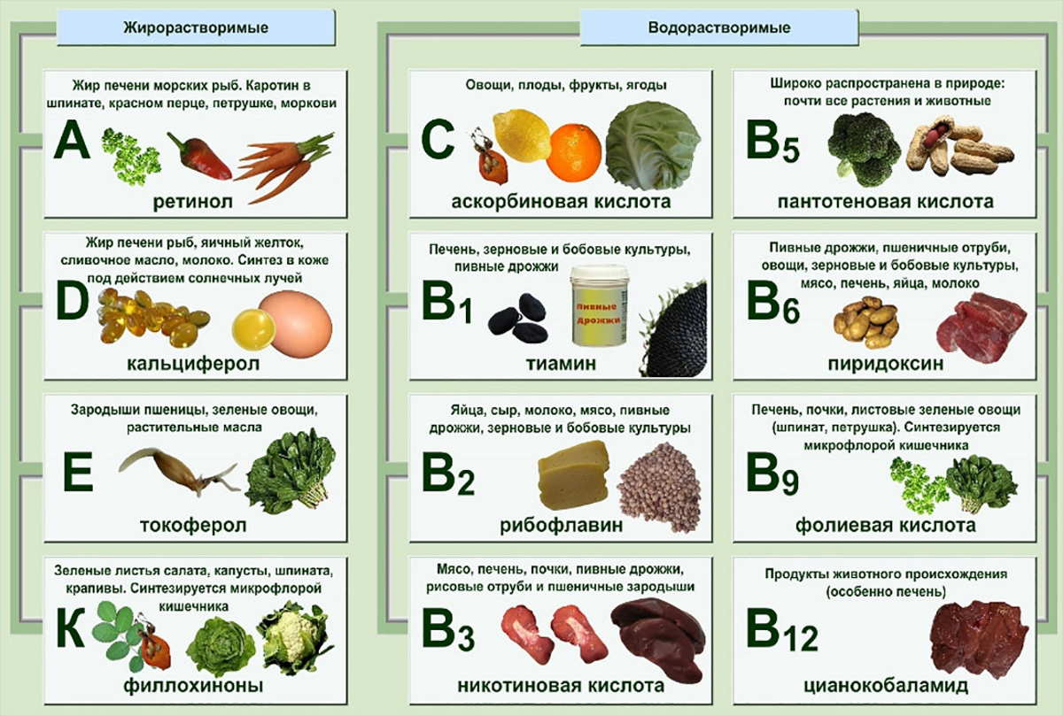 Витамины группы В в продуктах питания: таблица