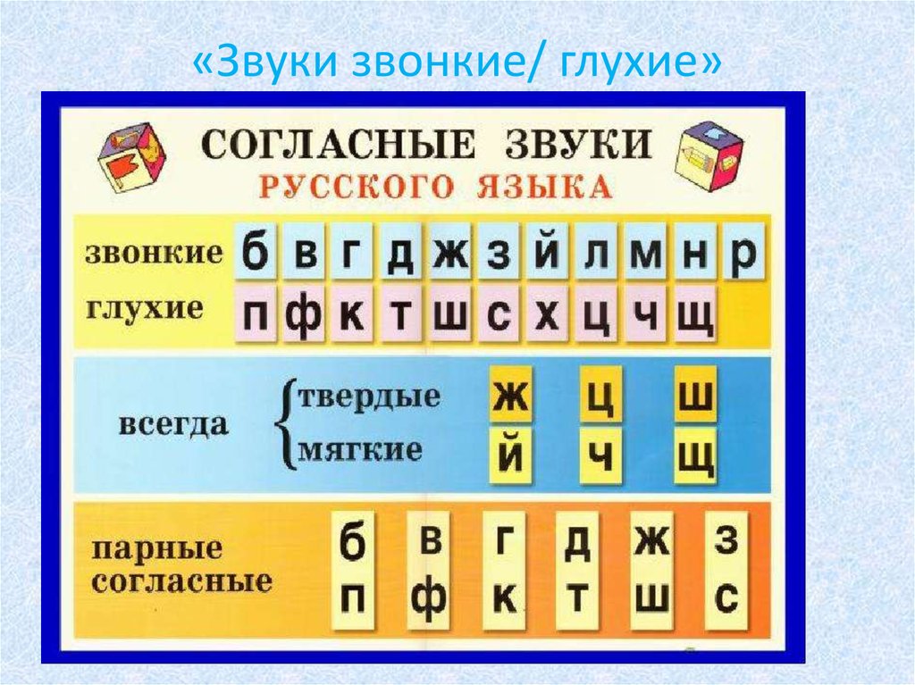 Звонкие и глухие согласные звуки: 1 класс, таблица, правило