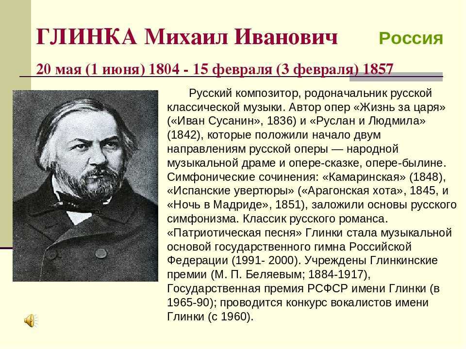 Интересные факты о глинке михаиле ивановиче - коротко о биографии композитора