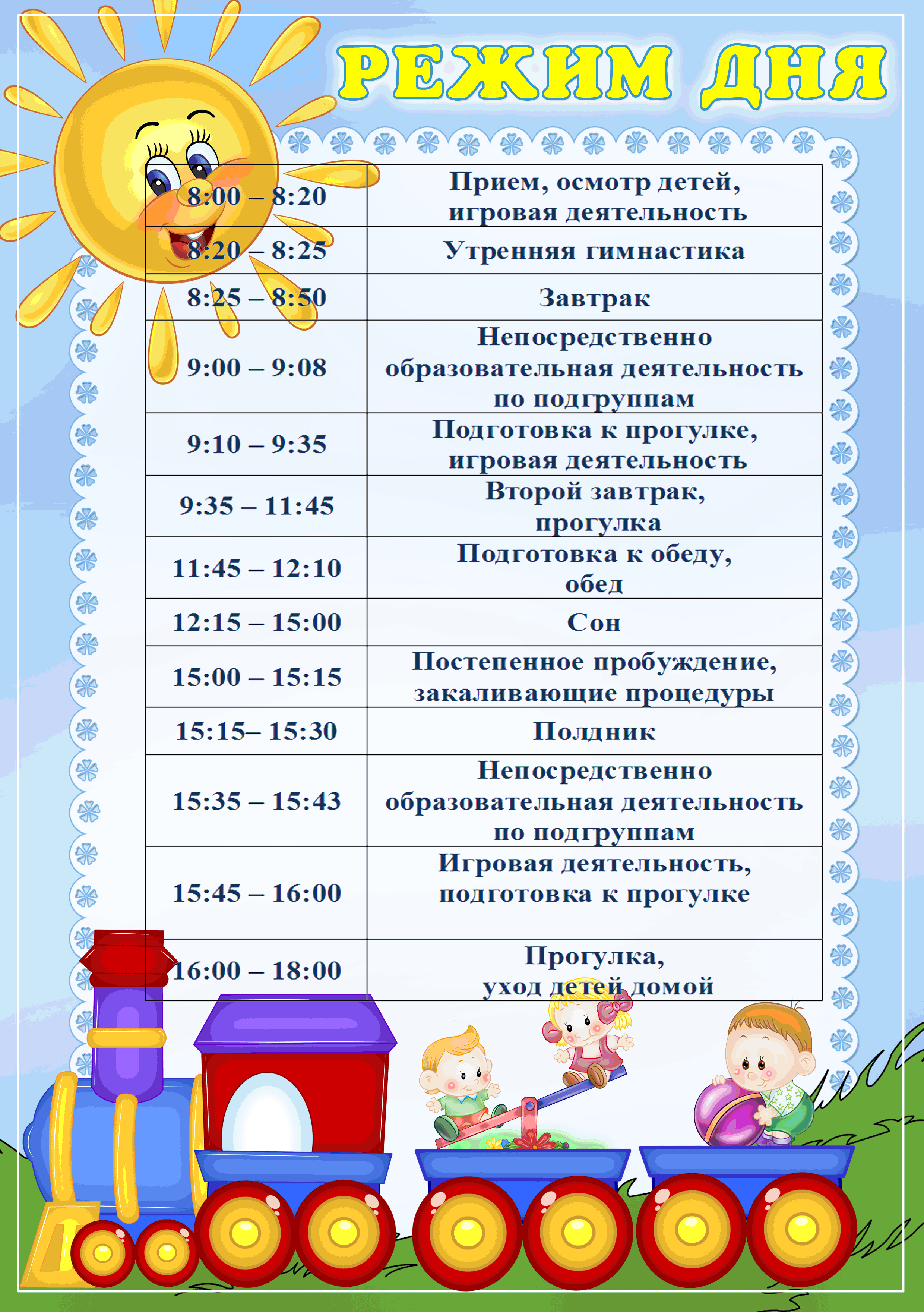 Режим дня в детском саду с расписанием занятий для детей дошкольного возраста