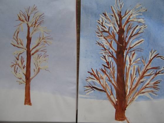 Деревья в инее: рисование, старшая группа и подготовительная, поэтапно