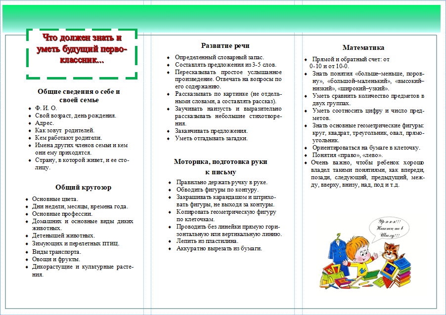 Памятка для родителей будущих первоклассников