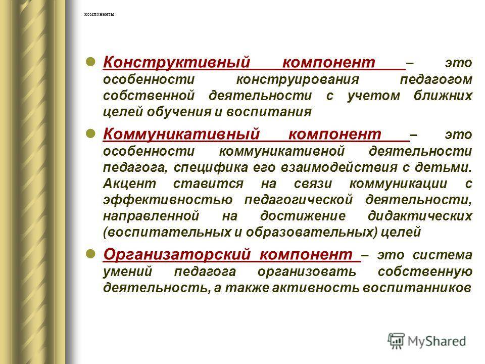 Отвечаем конструктивно. Конструктивный компонент. Конструктивный компонент педагогической деятельности. Гностический компонент. Компоненты деятельности педагога.